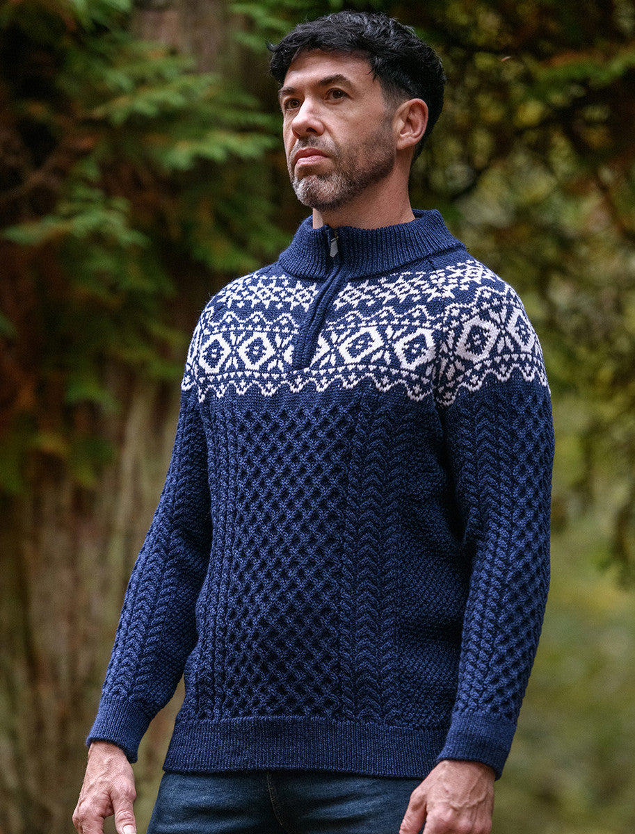 Aran Half-Zip Jacquard Sweater - Deep Water Blue 