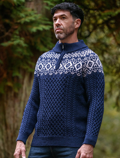 Aran Half-Zip Jacquard Sweater - Deep Water Blue 