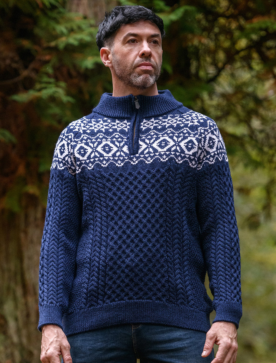 Aran Half-Zip Jacquard Sweater - Deep Water Blue 