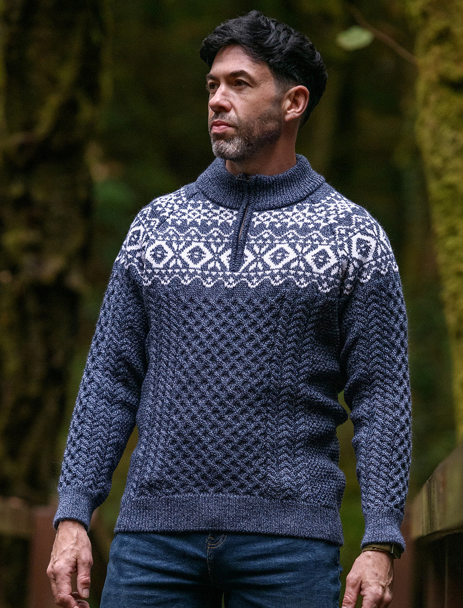 Aran Half-Zip Jacquard Sweater - Denim Marl 