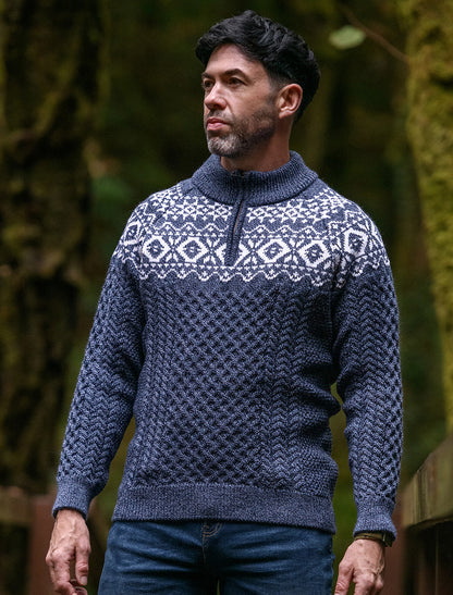 Aran Half-Zip Jacquard Sweater - Denim Marl 