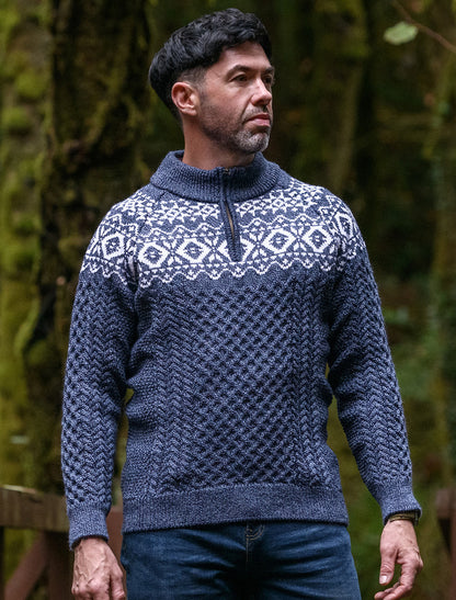 Aran Half-Zip Jacquard Sweater - Denim Marl 