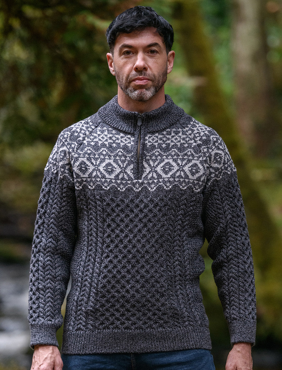 Aran Half-Zip Jacquard Sweater - Slate 