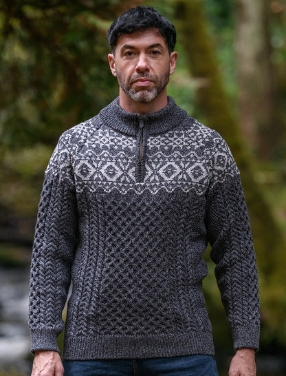 Aran Half-Zip Jacquard Sweater - Slate 