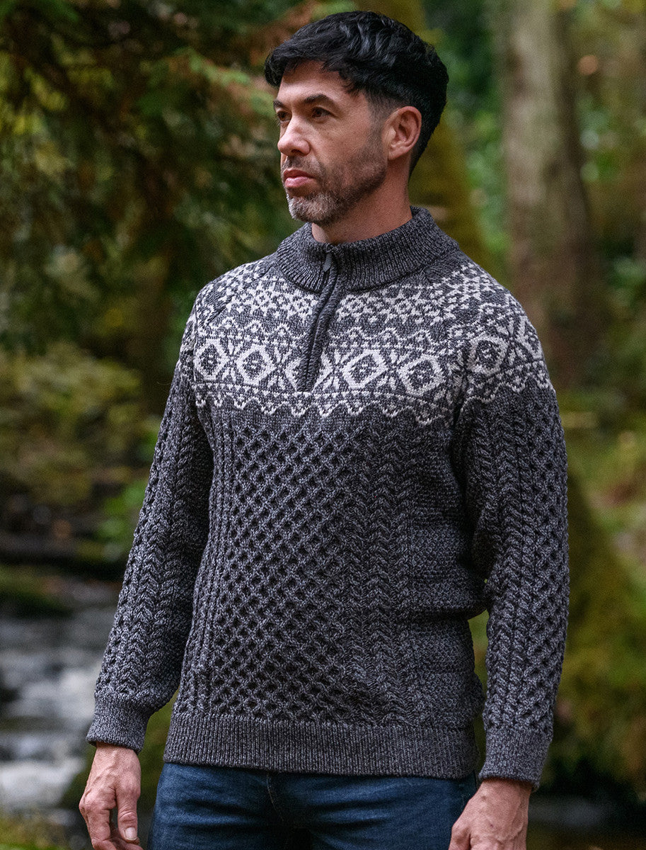 Aran Half-Zip Jacquard Sweater - Slate 