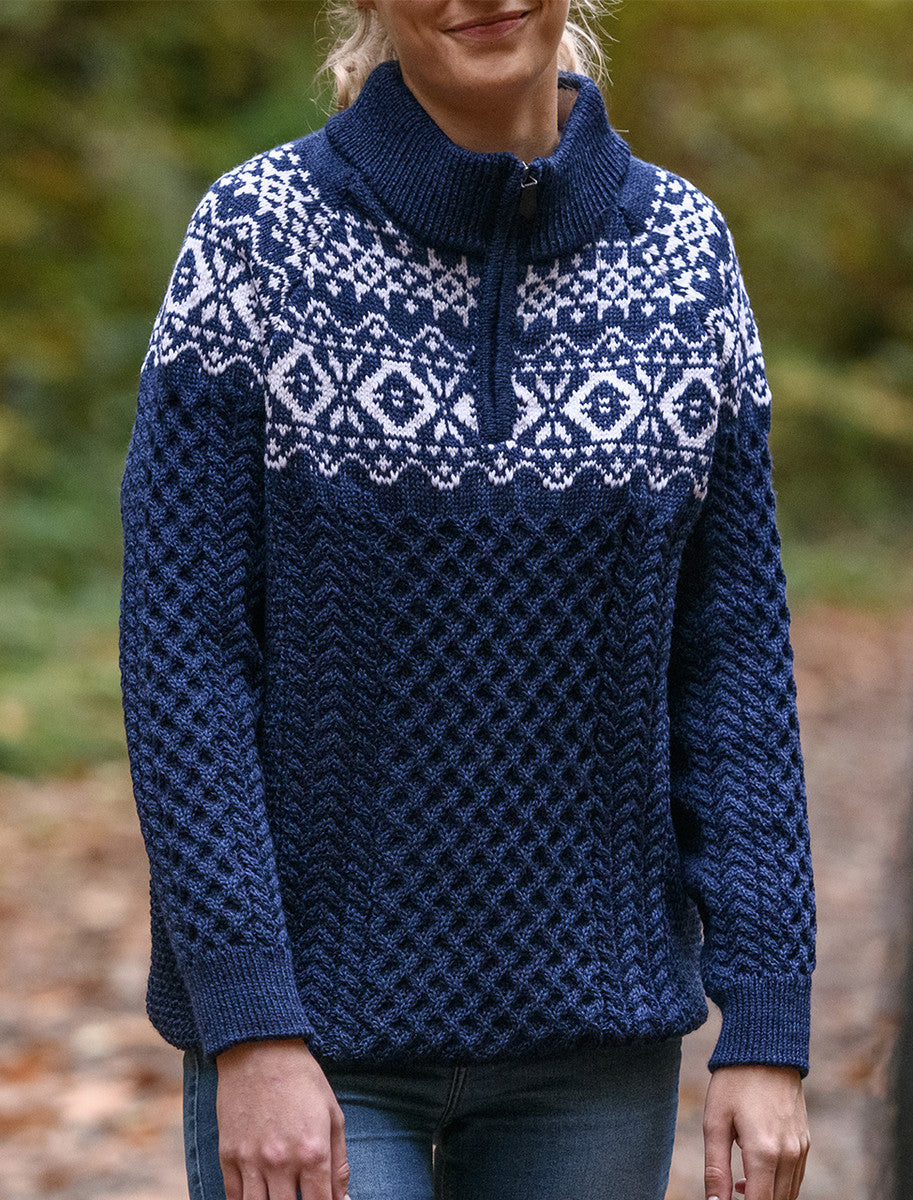 Ladies Aran Half-Zip Jacquard Sweater - Deep Water Blue 