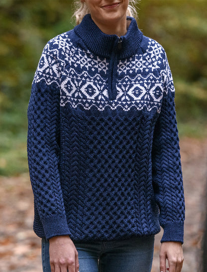Ladies Aran Half-Zip Jacquard Sweater - Deep Water Blue 