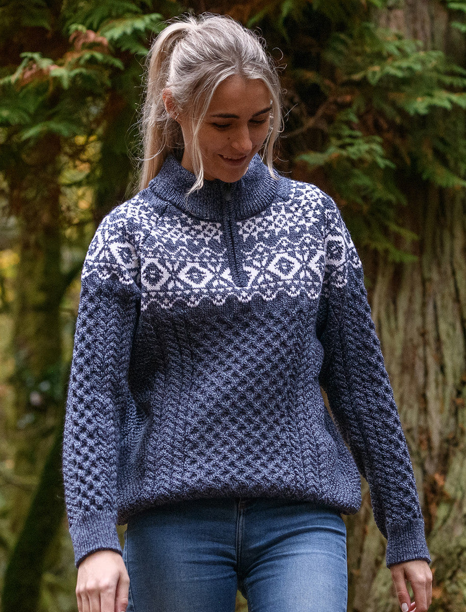Ladies Aran Half-Zip Jacquard Sweater - Denim Marl 