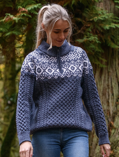 Ladies Aran Half-Zip Jacquard Sweater - Denim Marl 