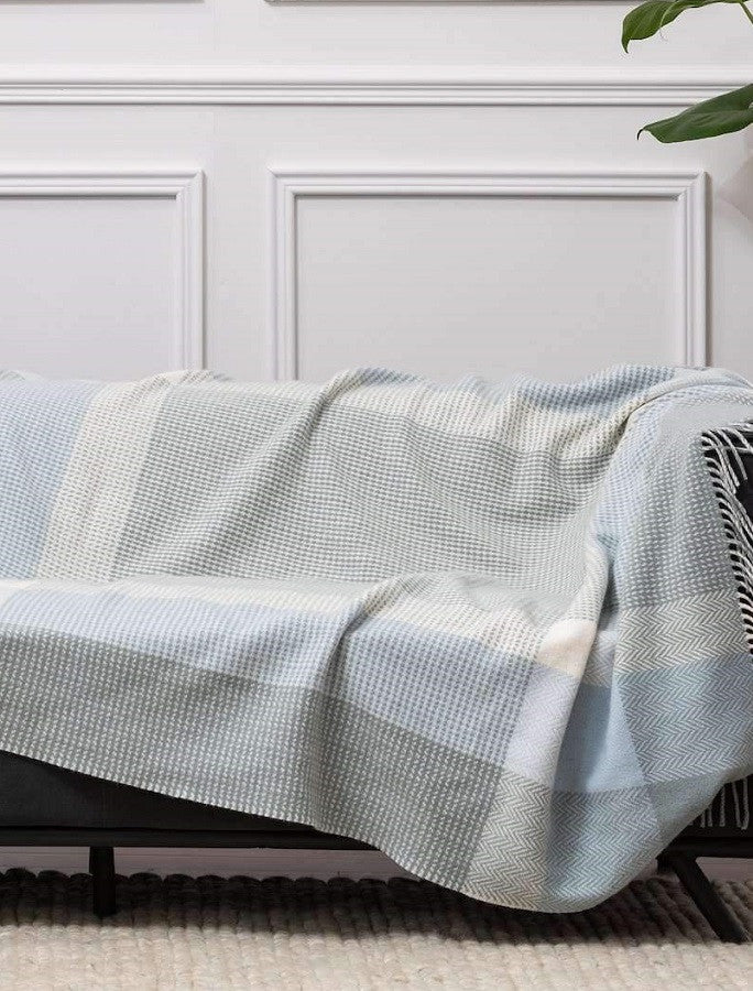Wool and Cashmere Throw - Sage, Blue &amp; White 