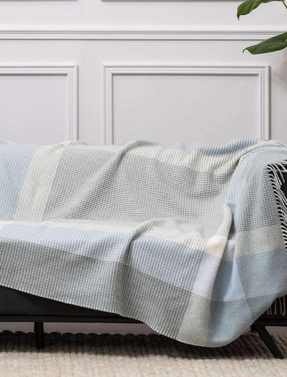 Wool and Cashmere Throw - Sage, Blue &amp; White 