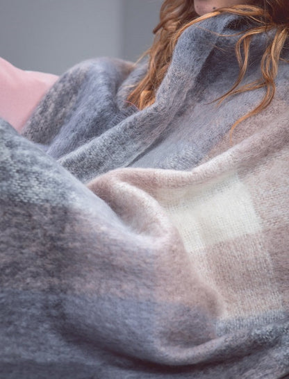 Mohair Throw - Dark Grey &amp; Cream Check  