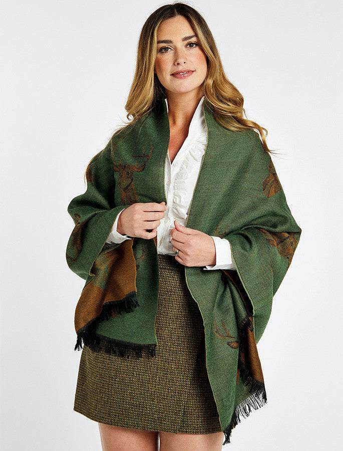 Heatherbell Wool Tweed Fringed Stole - Dusky Green