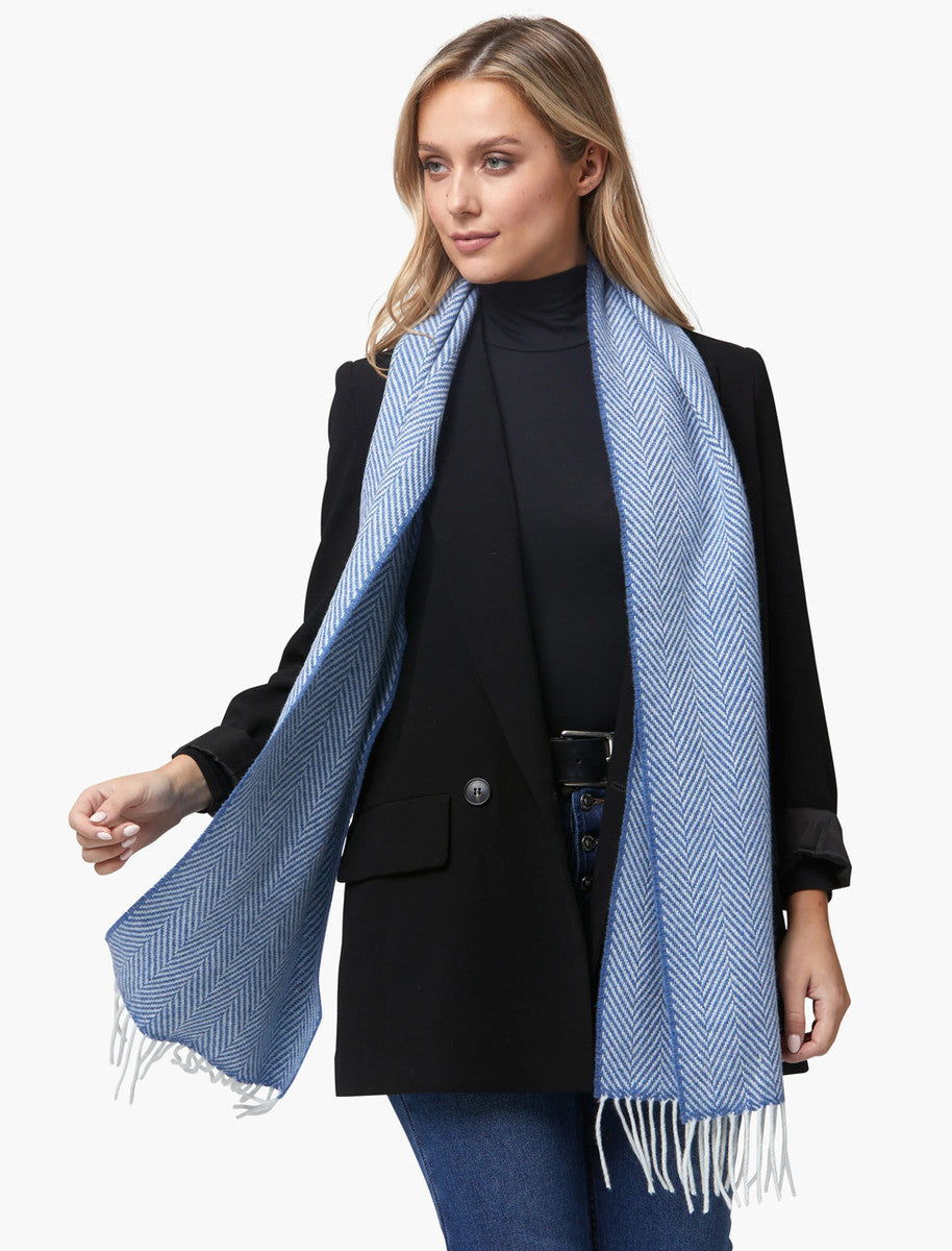 Cashmere Scarf - Denim &amp; White Herringbone 