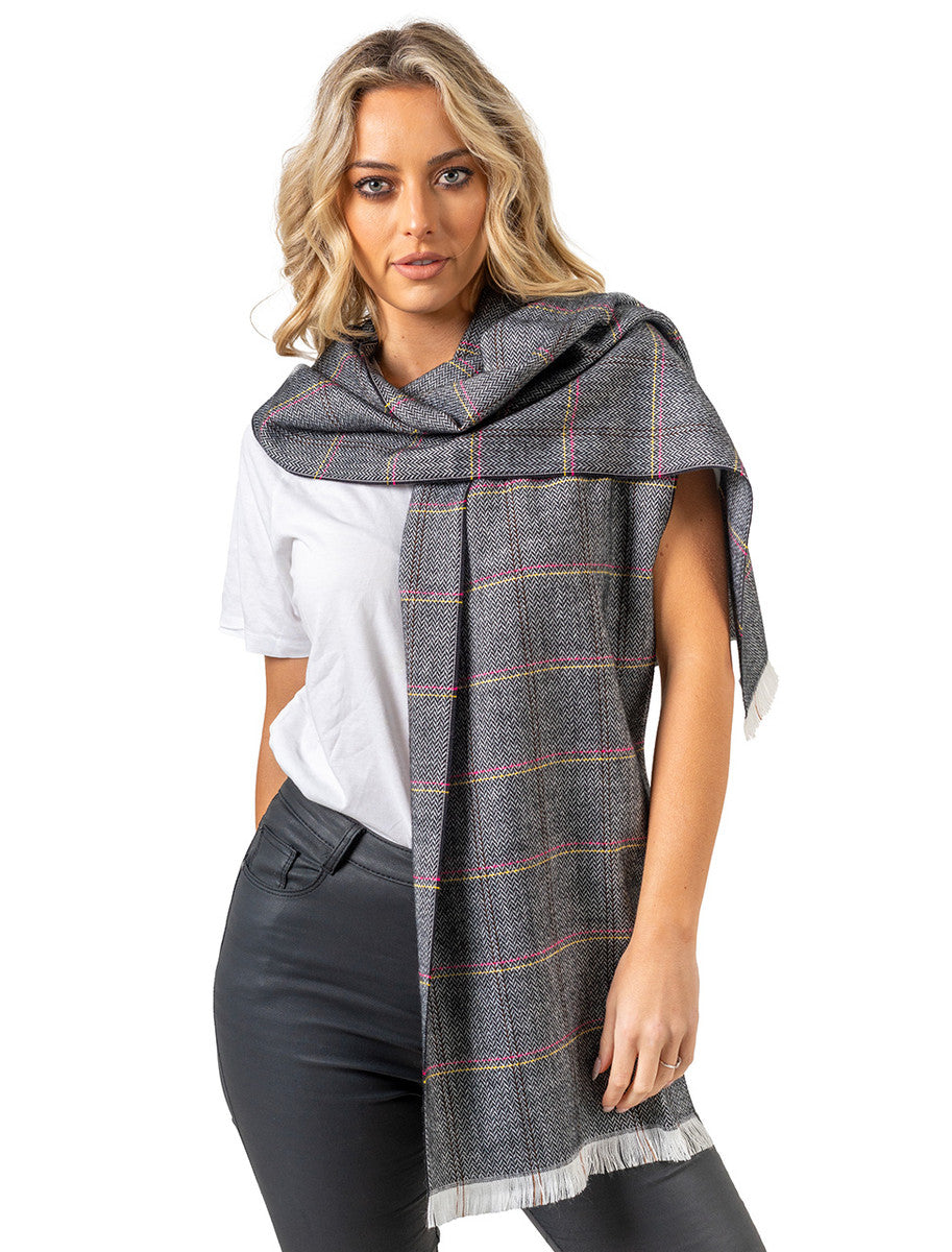 Soft Herringbone Fringed Scarf - Black White &amp; Stripes