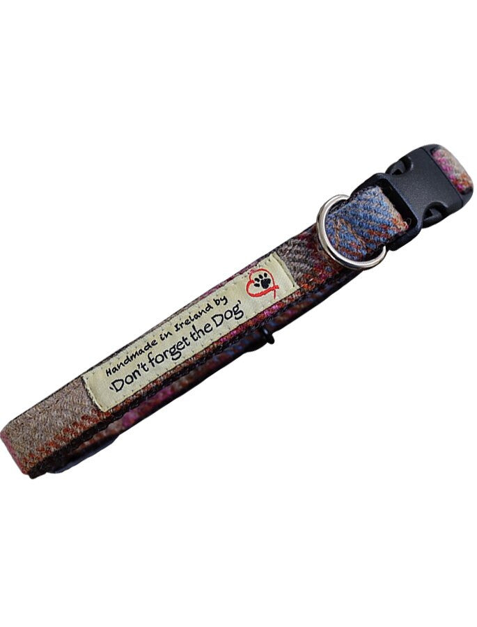Tweed Dog Collar Plastic Buckle - Pink &amp; Blue Plaid