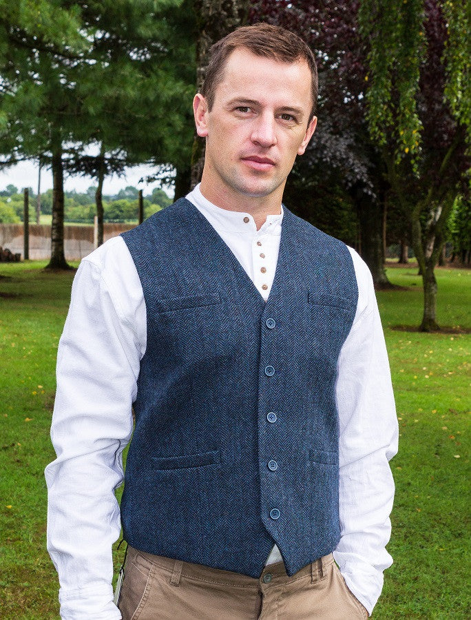 Tweed Herringbone Waistcoat - Navy 