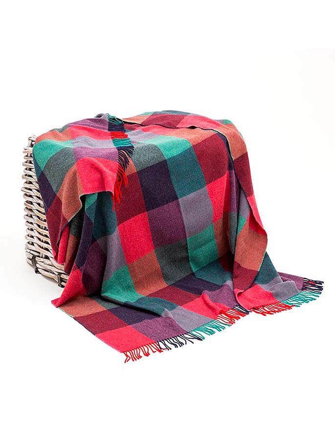 Lambswool Throw - Pink, Purple &amp; Teal Block 