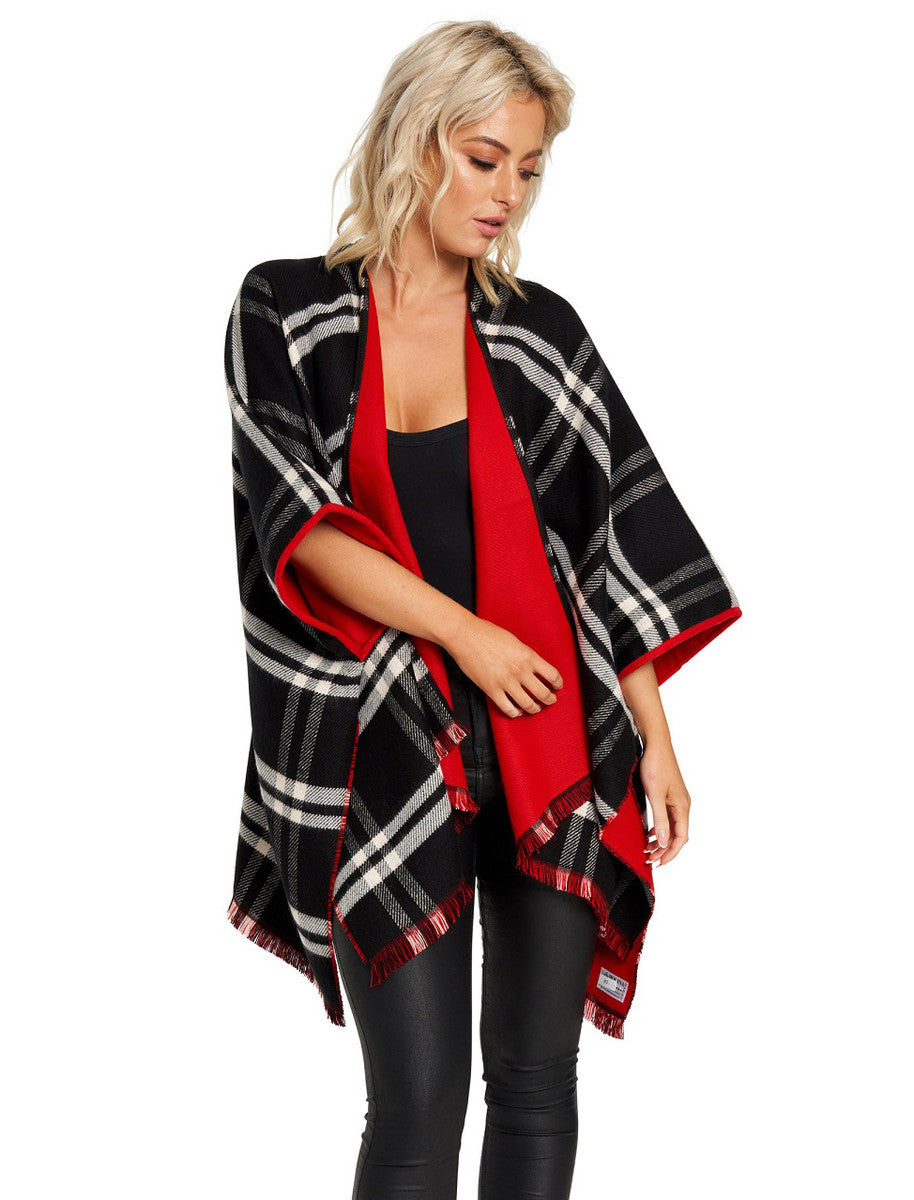 Reversible Plaid Fringed Shawl - Red 
