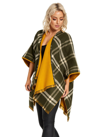 Reversible Plaid Fringed Shawl - Amber 