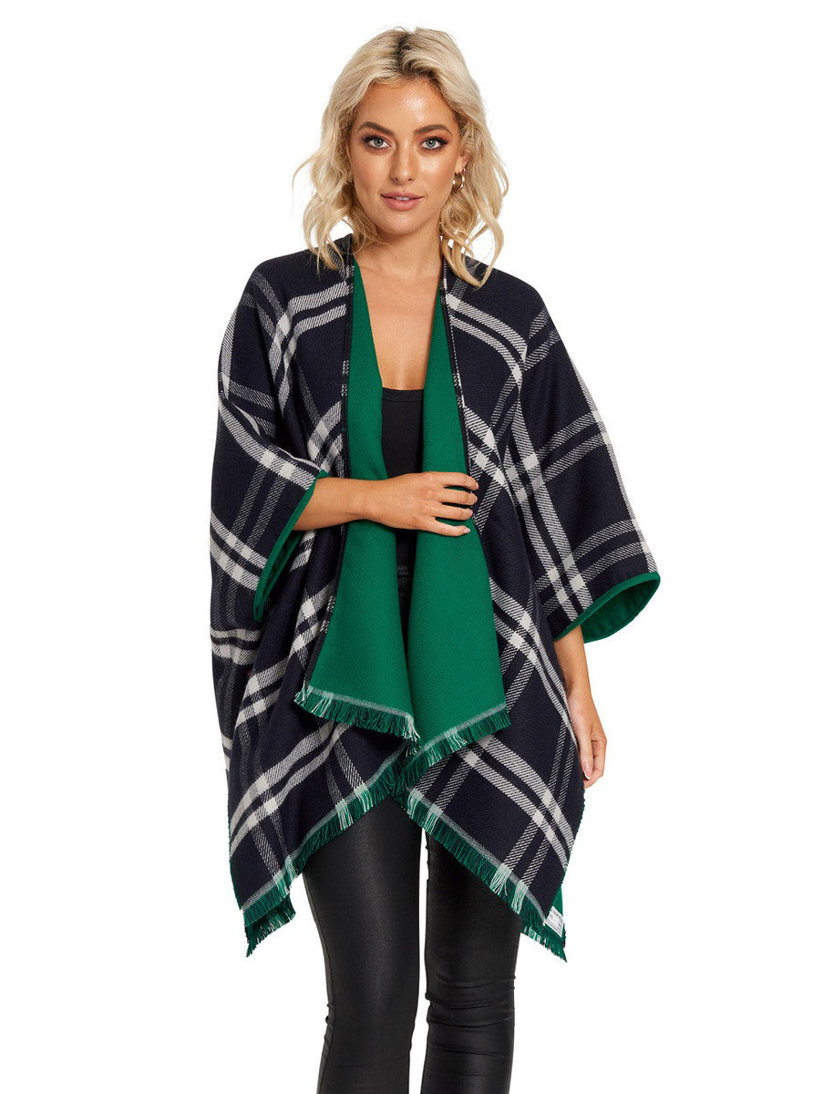 Reversible Plaid Fringed Shawl - Green 
