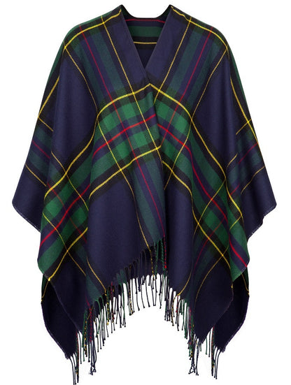 Irish Fringed Shawl - Green &amp; Navy Plaid 