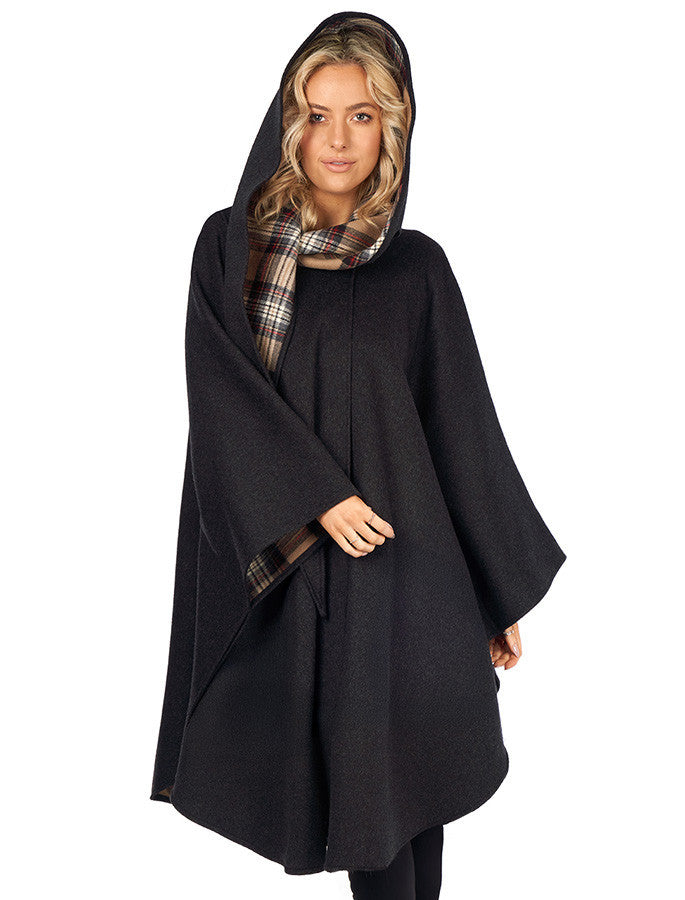 Donegal Tweed Knee Length Walking Cape - Charcoal 