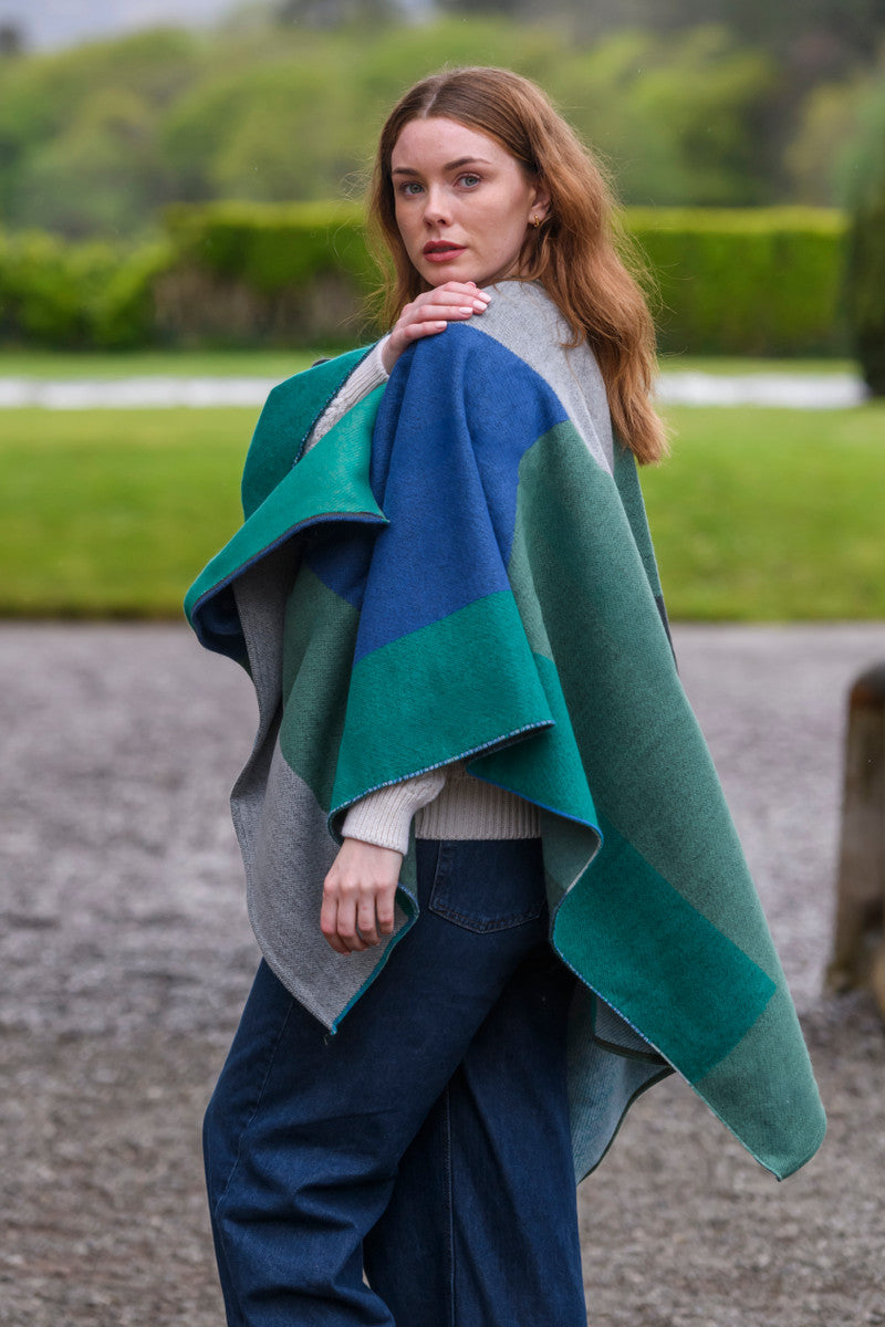 Irish Color Blocking Shawl - Blue Green &amp; Grey