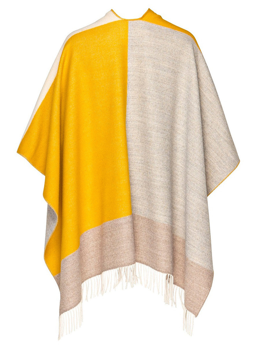 Block Check Fringed Shawl - Grey Mustard 