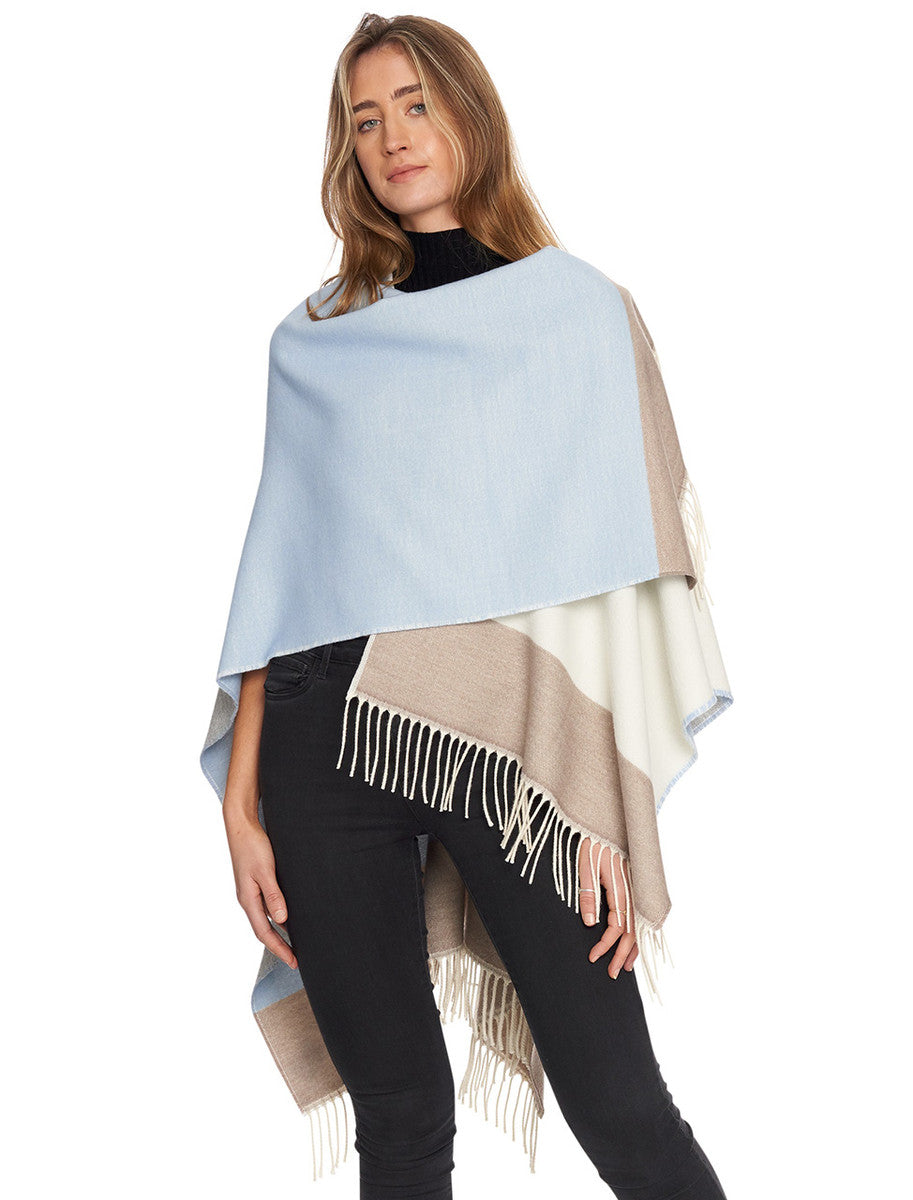 Block Check Fringed Shawl - Cream Blue Natural 
