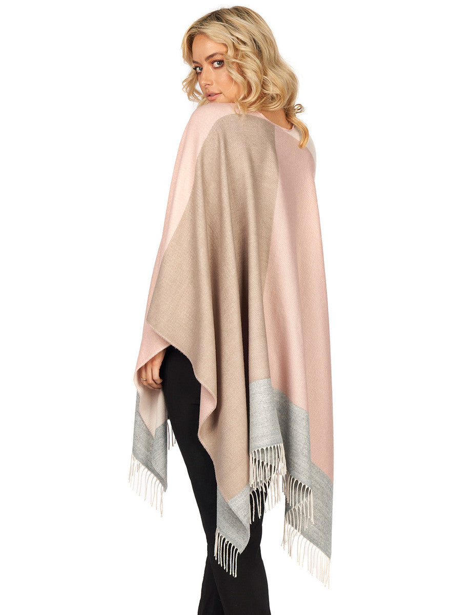 Block Check Fringed Shawl - Pink Beige 
