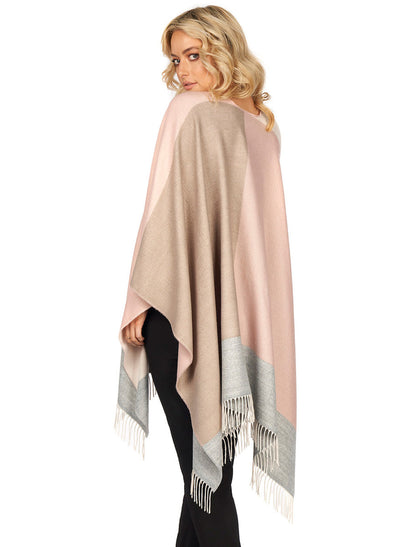 Block Check Fringed Shawl - Pink Beige 