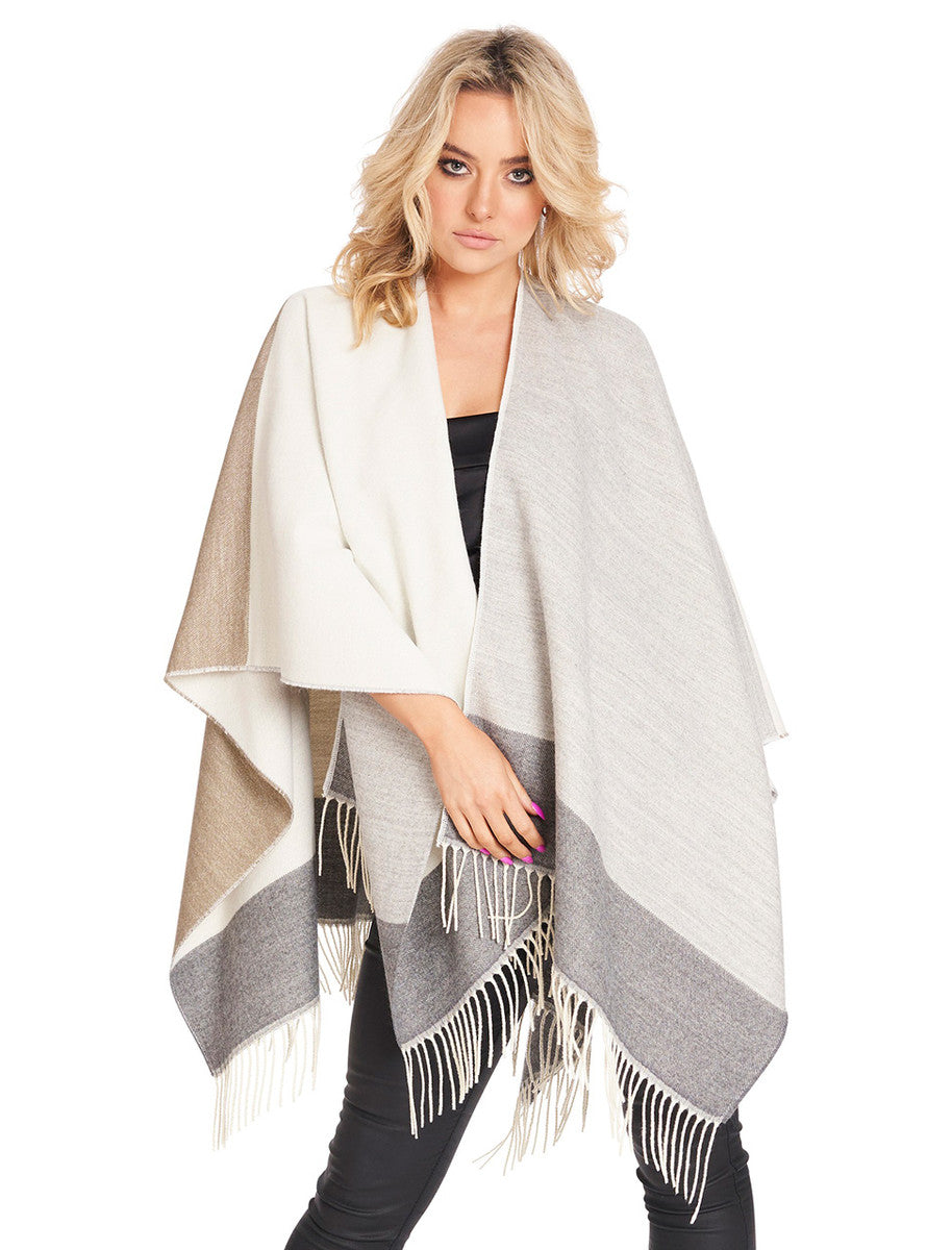 Block Check Fringed Shawl - Grey Cream 