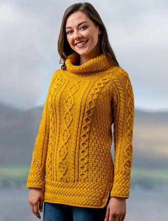 Aran Cowl Neck Tunic Sweater - Sunflower Yellow