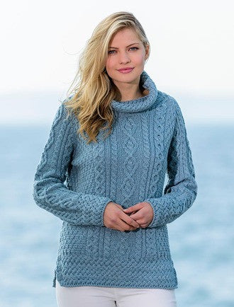 Aran Cowl Neck Tunic Sweater - Misty Marl