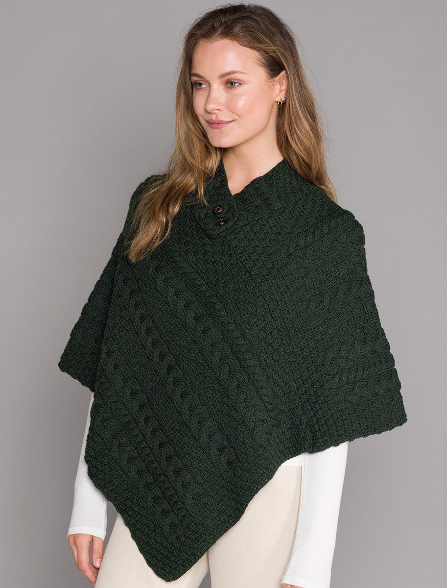 Cable Poncho with Aran Button Detail - Army Green 