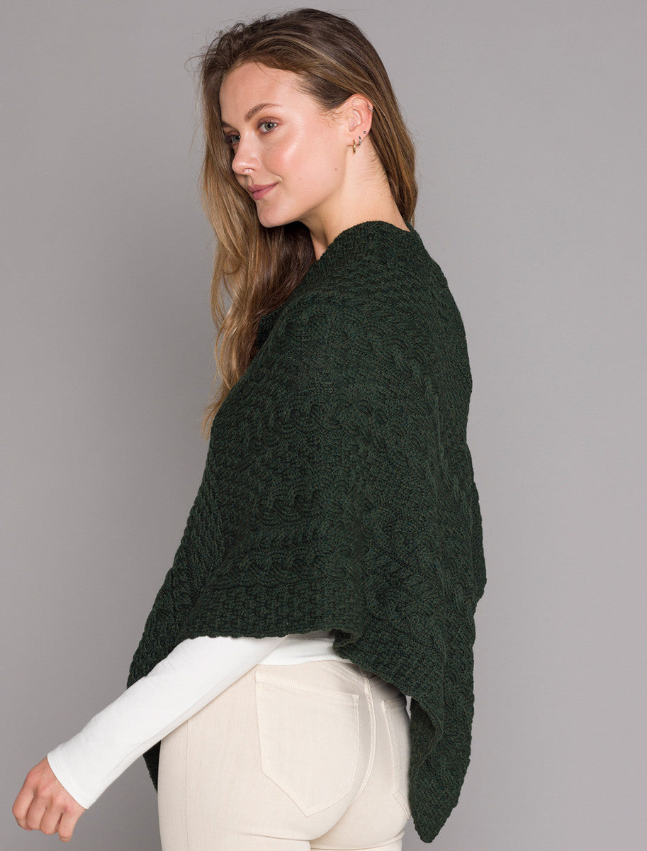 Cable Poncho with Aran Button Detail - Army Green 