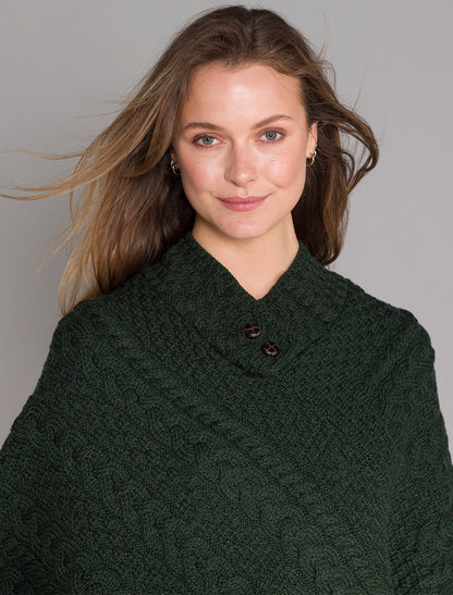 Cable Poncho with Aran Button Detail - Army Green 