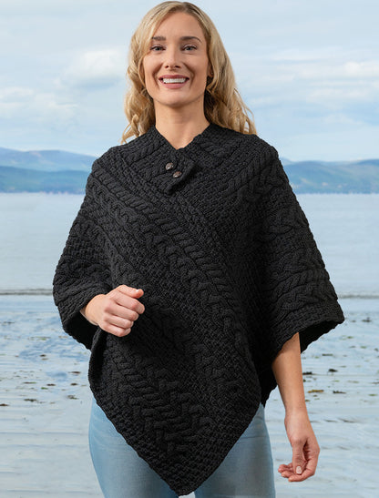 Cable Poncho with Aran Button Detail - Black 