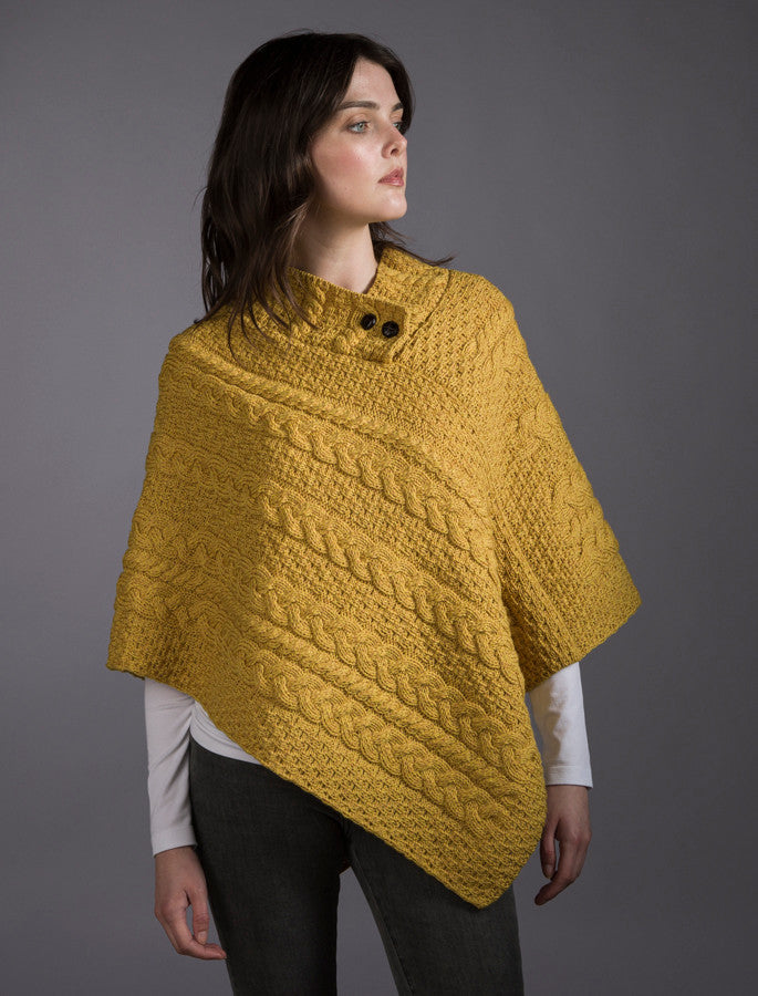 Cable Aran Poncho With Button Detail - Sunflower Yellow 