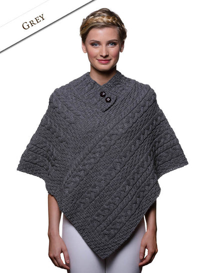 Cable Poncho with Aran Button Detail - Grey 