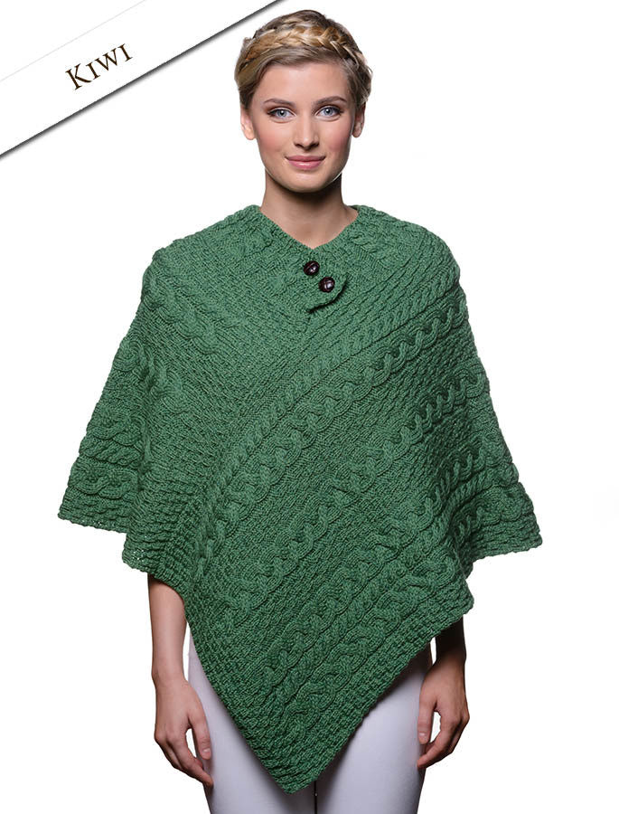Cable Poncho with Aran Button Detail - Kiwi 