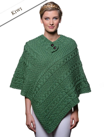 Cable Poncho with Aran Button Detail - Kiwi 