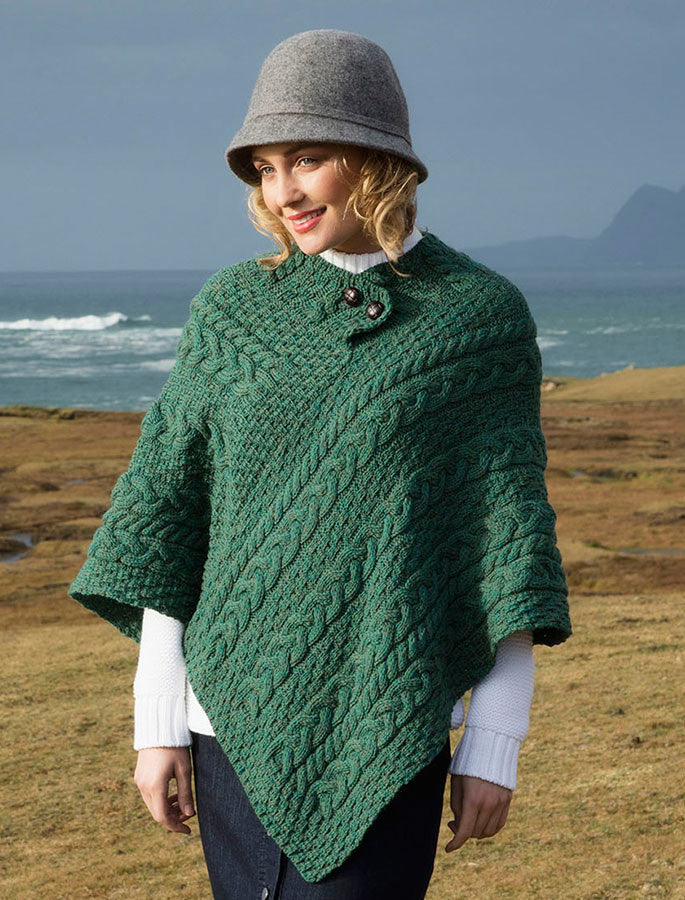 Cable Poncho with Aran Button Detail - Connemara Green 