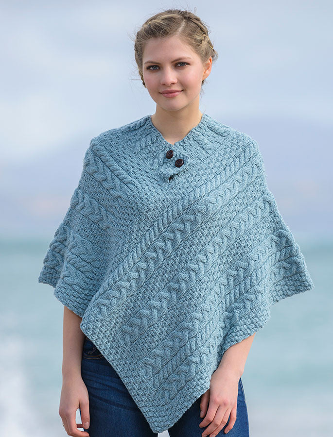 Cable Poncho with Aran Button Detail - Misty Marl 