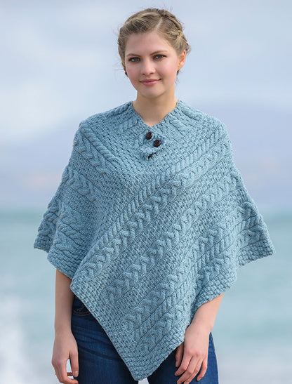Cable Poncho with Aran Button Detail - Misty Marl 