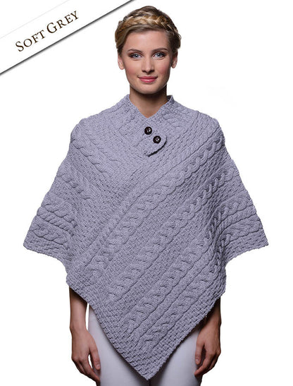Cable Poncho with Aran Button Detail - Soft Grey 
