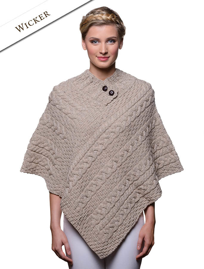 Cable Poncho with Aran Button Detail - Wicker 