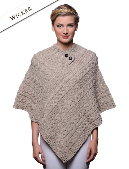 Cable Poncho with Aran Button Detail - Wicker 
