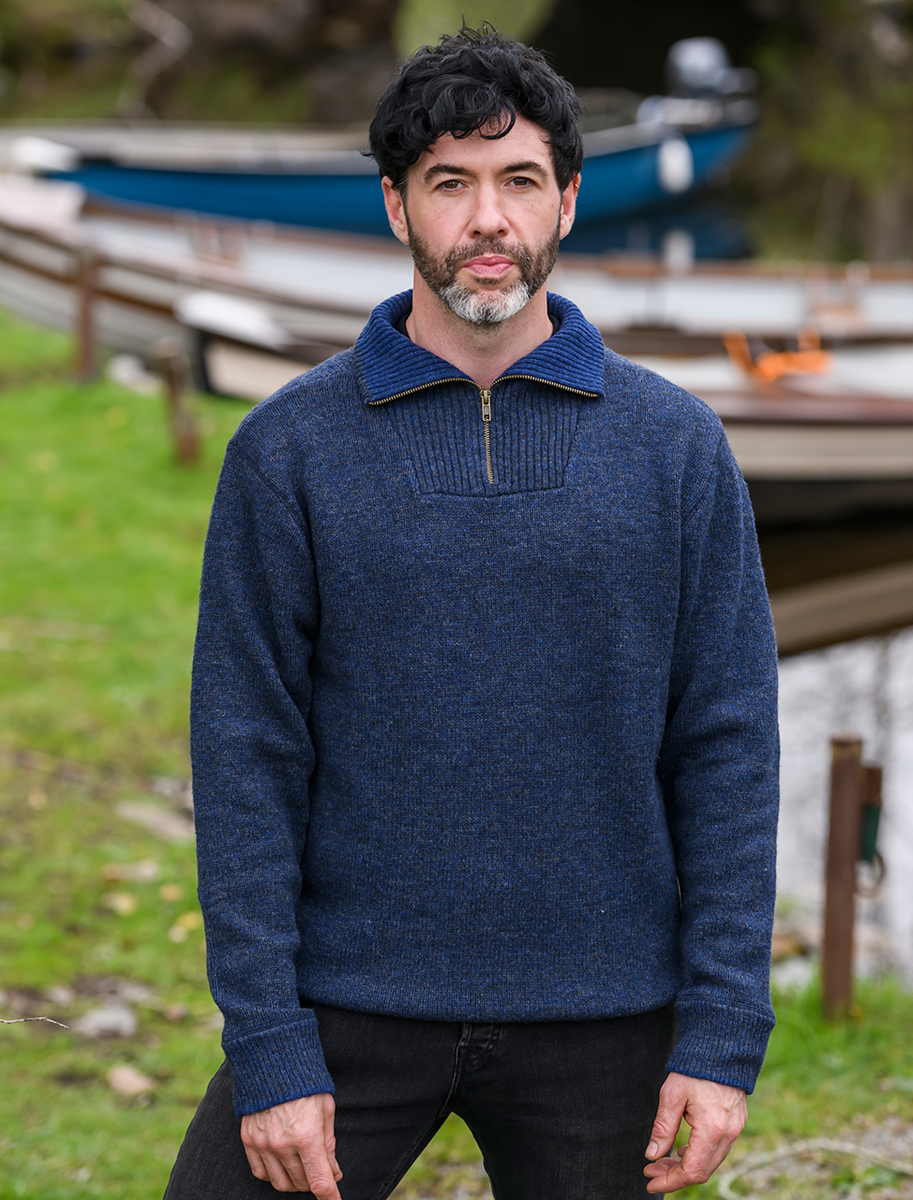 Mens Half Zip Irish Wool Sweater - Navy 